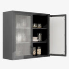 Meuble haut de rangement mural en acier, blanc/noir, avec portes en verre dépoli, montage à 2 personnes
