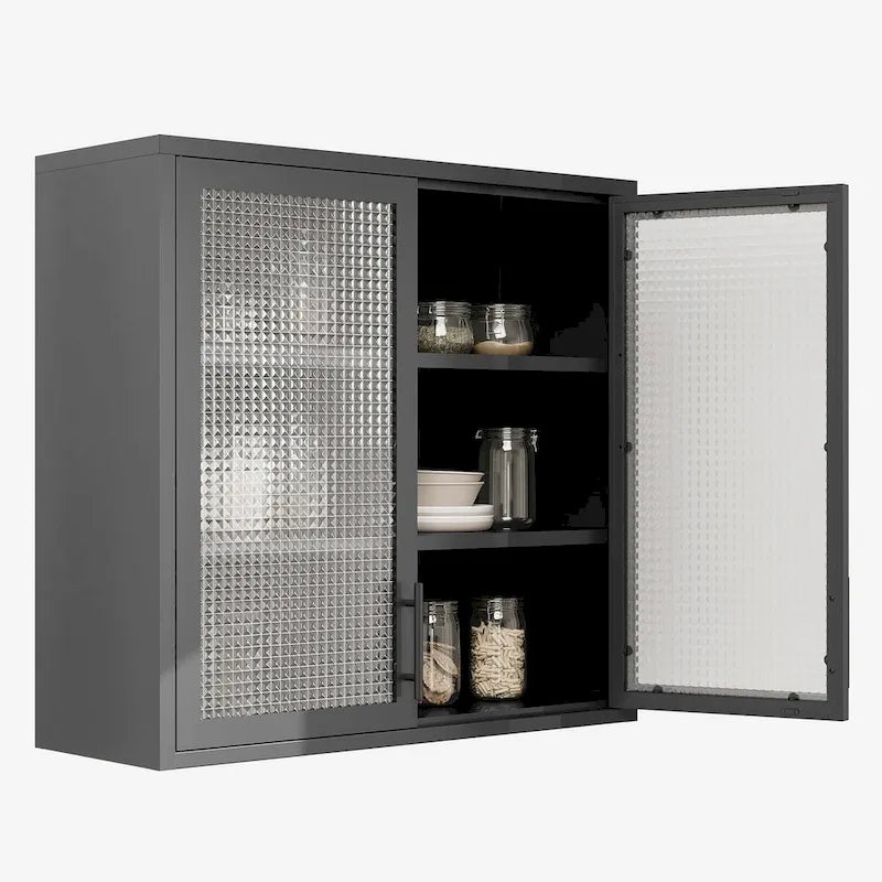 Meuble haut de rangement mural en acier, blanc/noir, avec portes en verre dépoli, montage à 2 personnes
