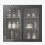 Meuble haut de rangement mural en acier, blanc/noir, avec portes en verre dépoli, montage à 2 personnes