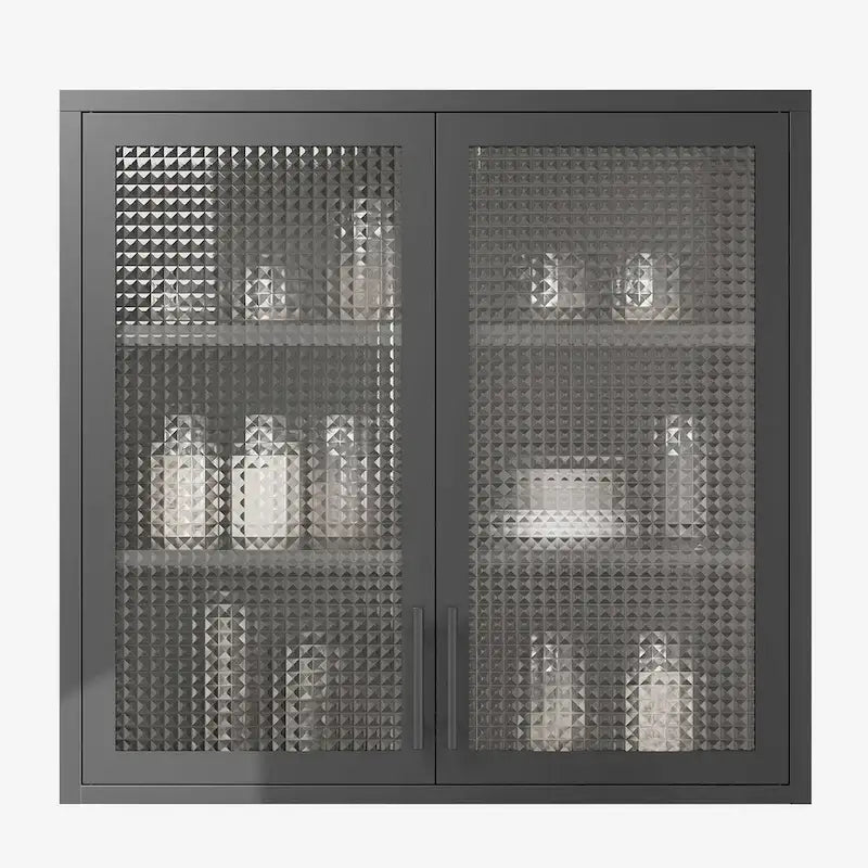 Meuble haut de rangement mural en acier, blanc/noir, avec portes en verre dépoli, montage à 2 personnes