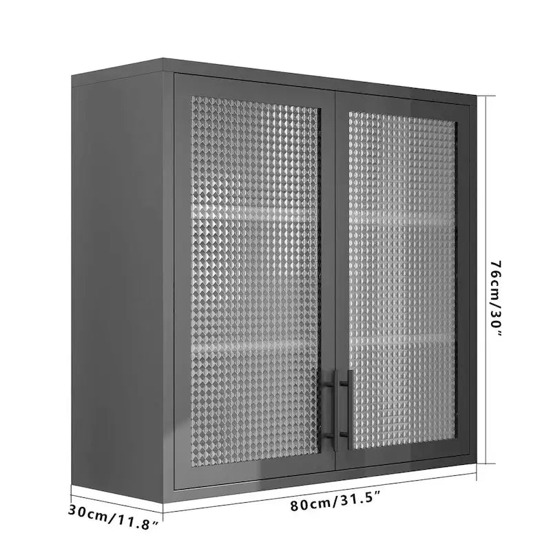 Meuble haut de rangement mural en acier, blanc/noir, avec portes en verre dépoli, montage à 2 personnes