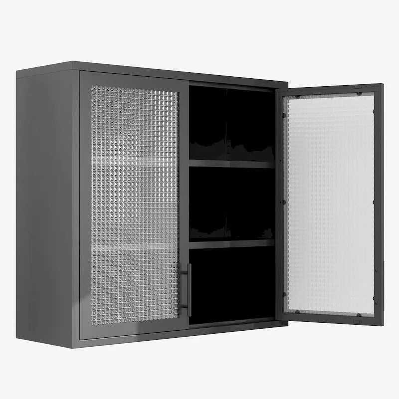 Meuble haut de rangement mural en acier, blanc/noir, avec portes en verre dépoli, montage à 2 personnes