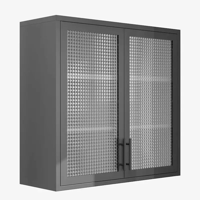 Meuble haut de rangement mural en acier, blanc/noir, avec portes en verre dépoli, montage à 2 personnes