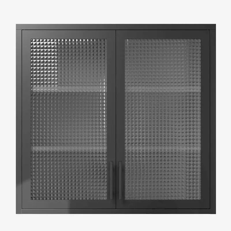 Meuble haut de rangement mural en acier, blanc/noir, avec portes en verre dépoli, montage à 2 personnes