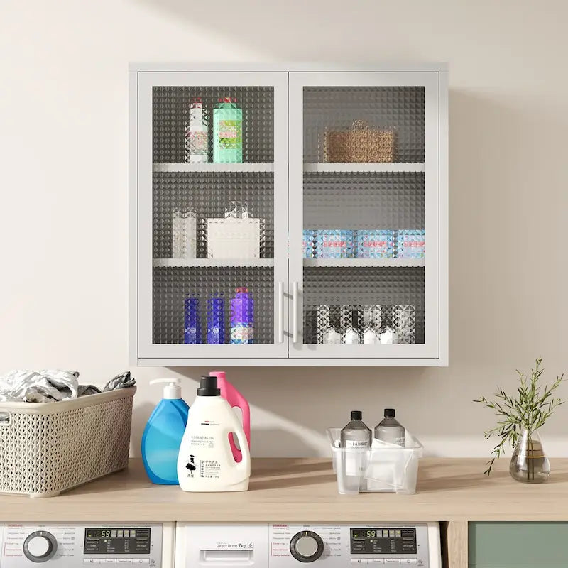 Meuble haut de rangement mural en acier, blanc/noir, avec portes en verre dépoli, montage à 2 personnes