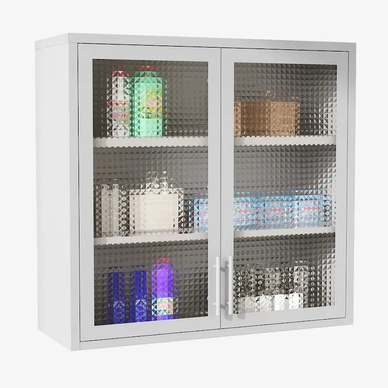 Meuble haut de rangement mural en acier, blanc/noir, avec portes en verre dépoli, montage à 2 personnes
