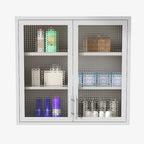 Meuble haut de rangement mural en acier, blanc/noir, avec portes en verre dépoli, montage à 2 personnes